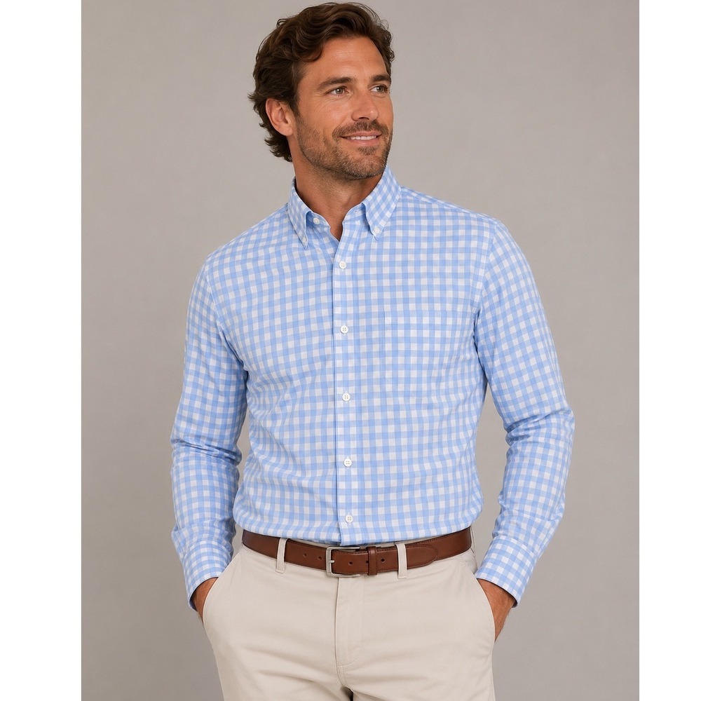 Peter Millar Mens Gingham Button Down Shirt Light Blue White Stretch Medium